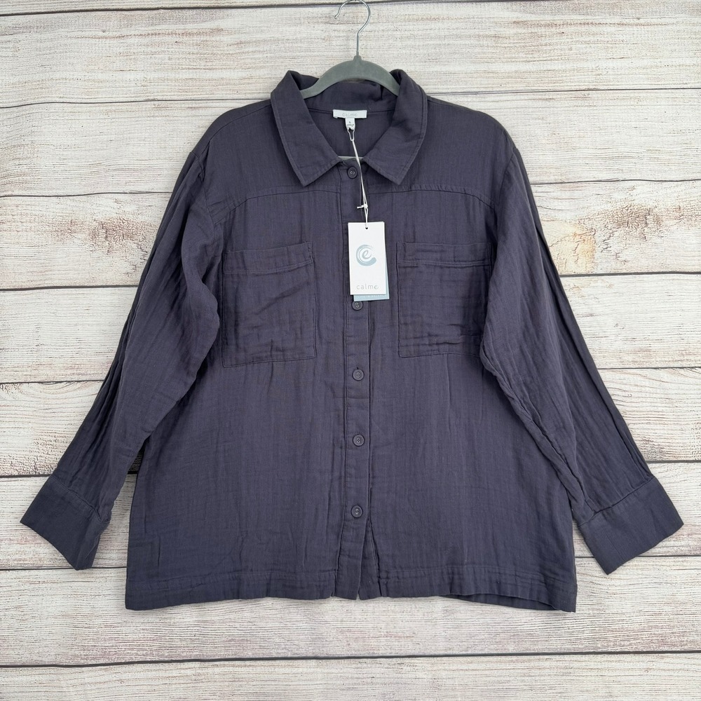Calme Double Pocket Shacket Womens L Grey O11021BE Long Sleeve Gauze Shirt